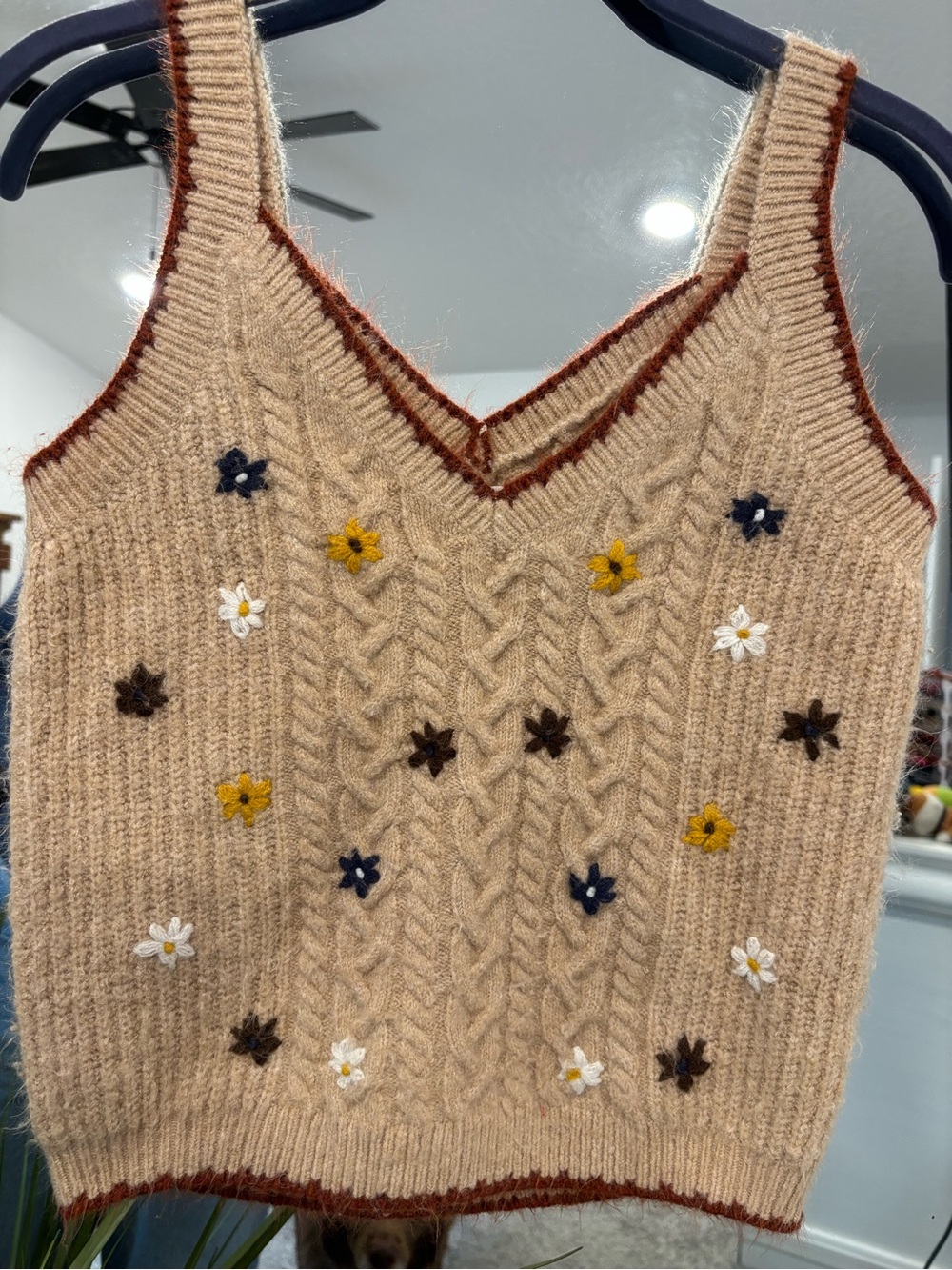 Beige Floral Cable-Knit Tank Sweater